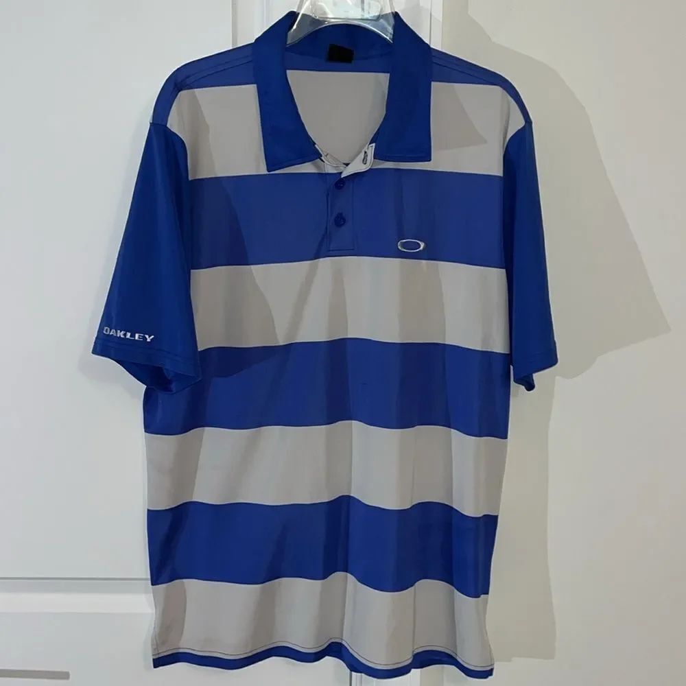 Duke Royal Blue White Gray Stripe Oakley Golf Polo Shirt L Blue Devils Colors